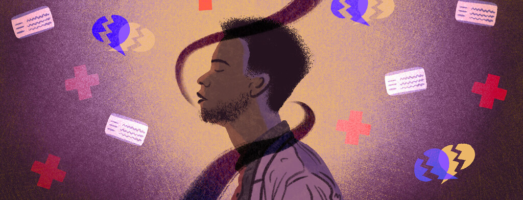 Black man from profile shuts eyes as Epilepsy awareness ribbon swirls around him. Pattern of medical symbol, broken communication, and insurance cards float behind him