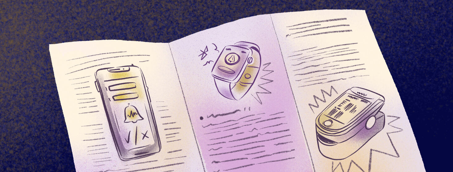 Brochure featuring seizure alert app, smart watch, and pulse oximeter