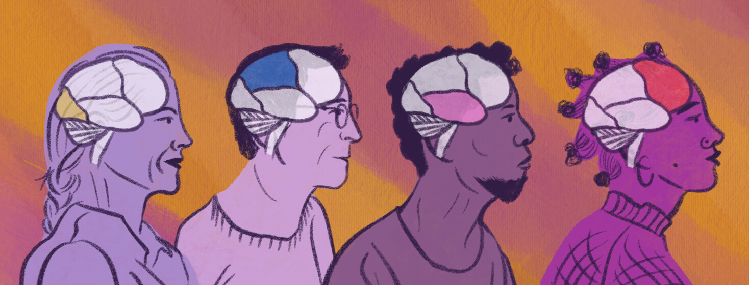 Portraits of people showing four different brain lobes