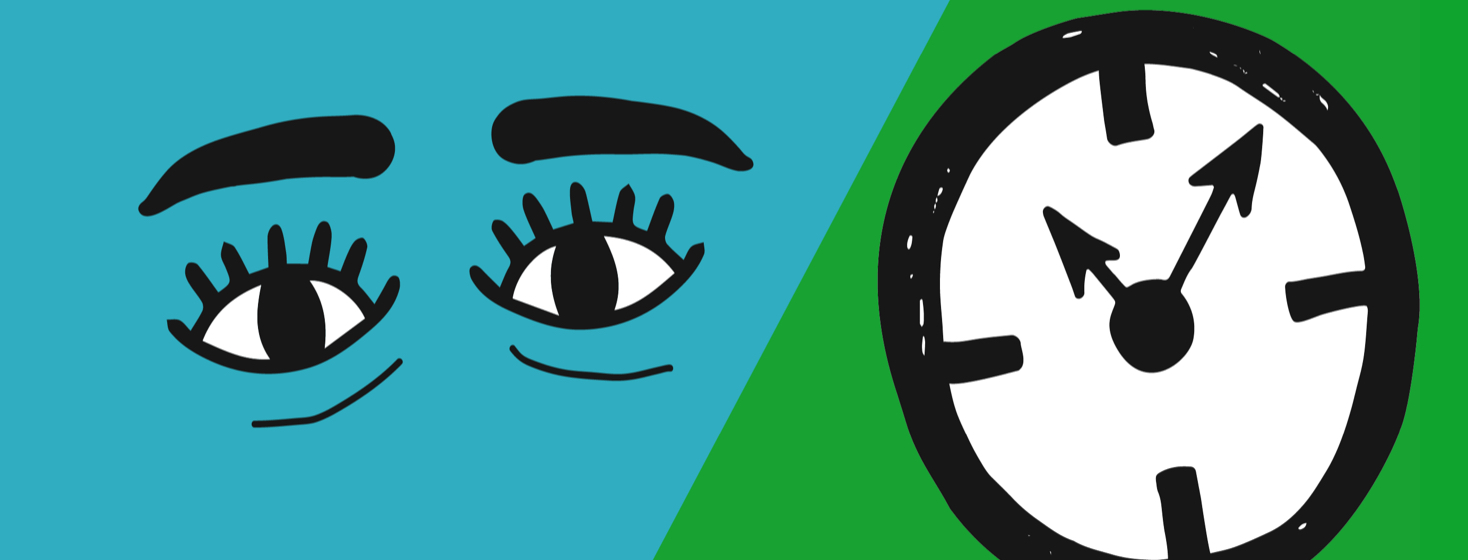 A pair of worried eyes are looking at a ticking clock.