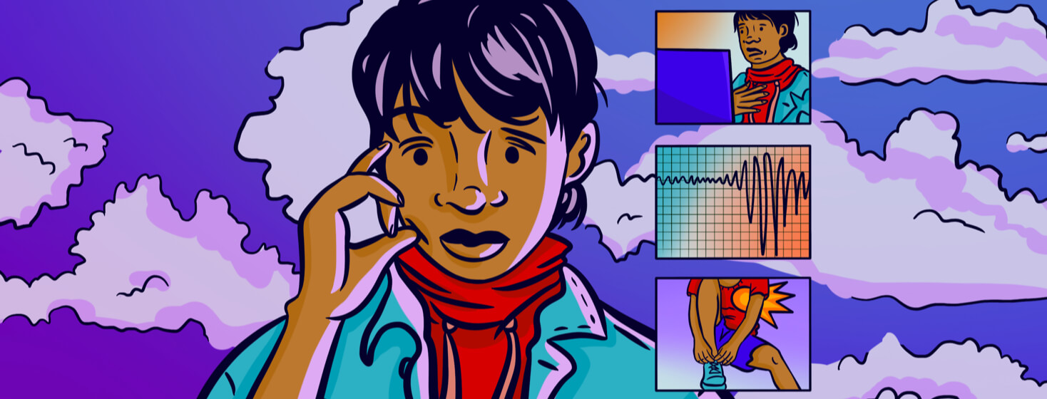 Woman clutches her face as three comic panels feature EEG test, difficulty breathing at computer screen, and sharp chest pain while tying shoes. Clouds surround her