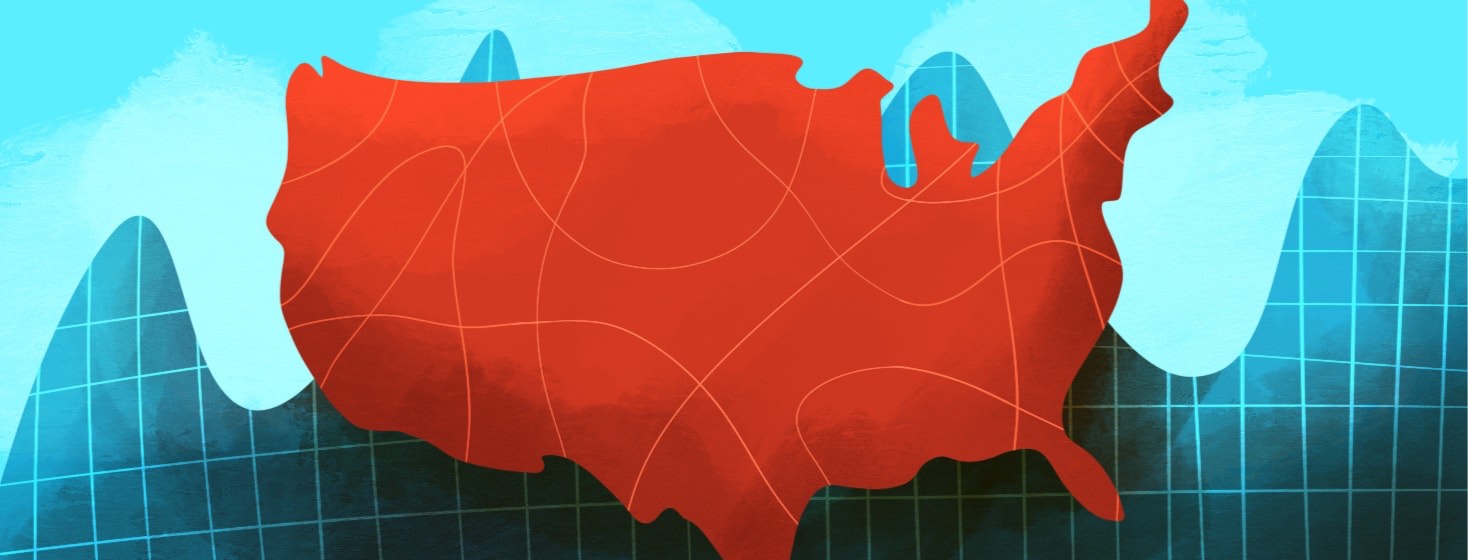 A stylized map of the U.S. wiith criss-crossing lines in front of a line graph and grid background.
