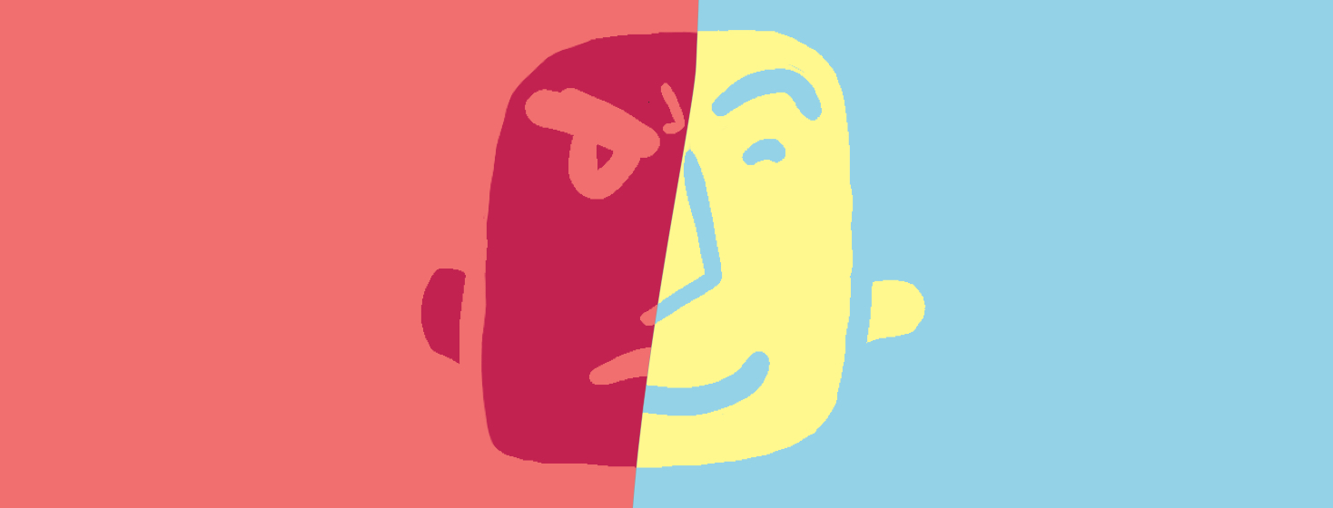 A face is split in half with one side being angry and red while the other side is yellow and happy.
