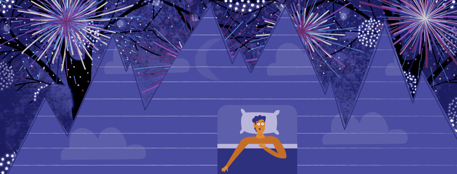 a man laying in bed wakes up in a panic, with a nighttime sky behind him and fireworks exploding.