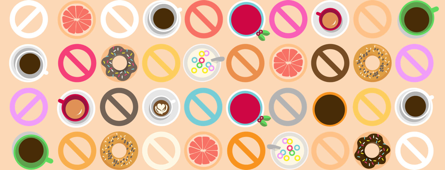 A series of stop and no signs mixed in with circular foods and drinks.