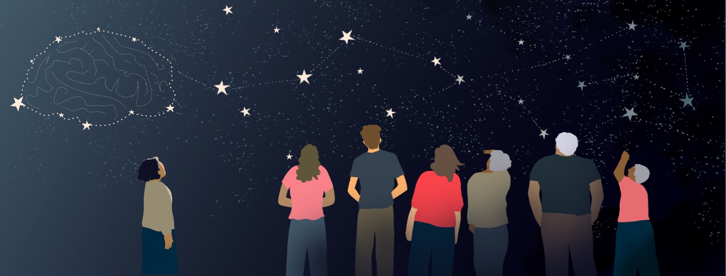 7 people standing in a row looking up at the night sky. The person on the end has a constellation of a brain above her.