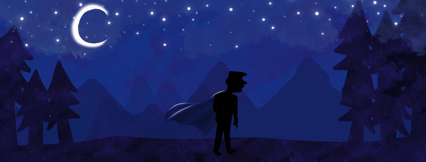 A man walks alone on a starry night. A cape is flowing behind him.