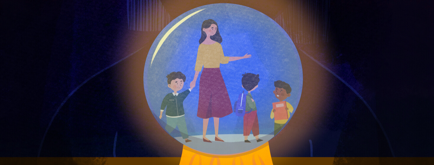 A person sits in the dark looking into a crystal ball. A teacher is leading students inside.