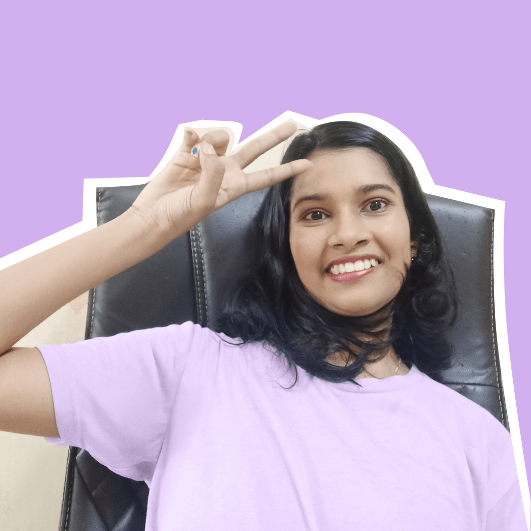 A photograph of patient leader, Nisshaa Muniandy on a purple background.