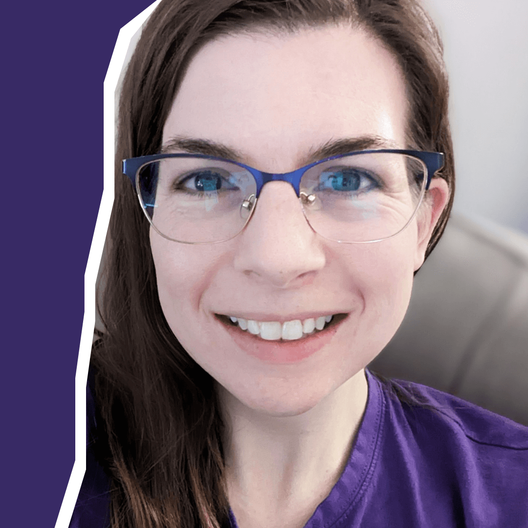 A photograph of patient leader, Gabrielle Foote on a purple background.