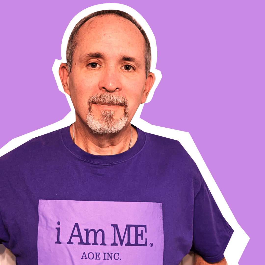 A photograph of patient leader, Tim Ulmer on a purple background.