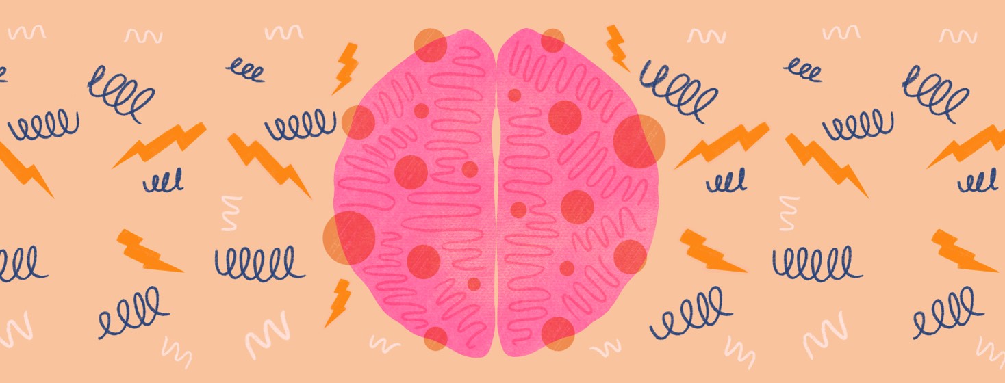 A brain being affected by abstract virus-like shapes and electrical bolts.