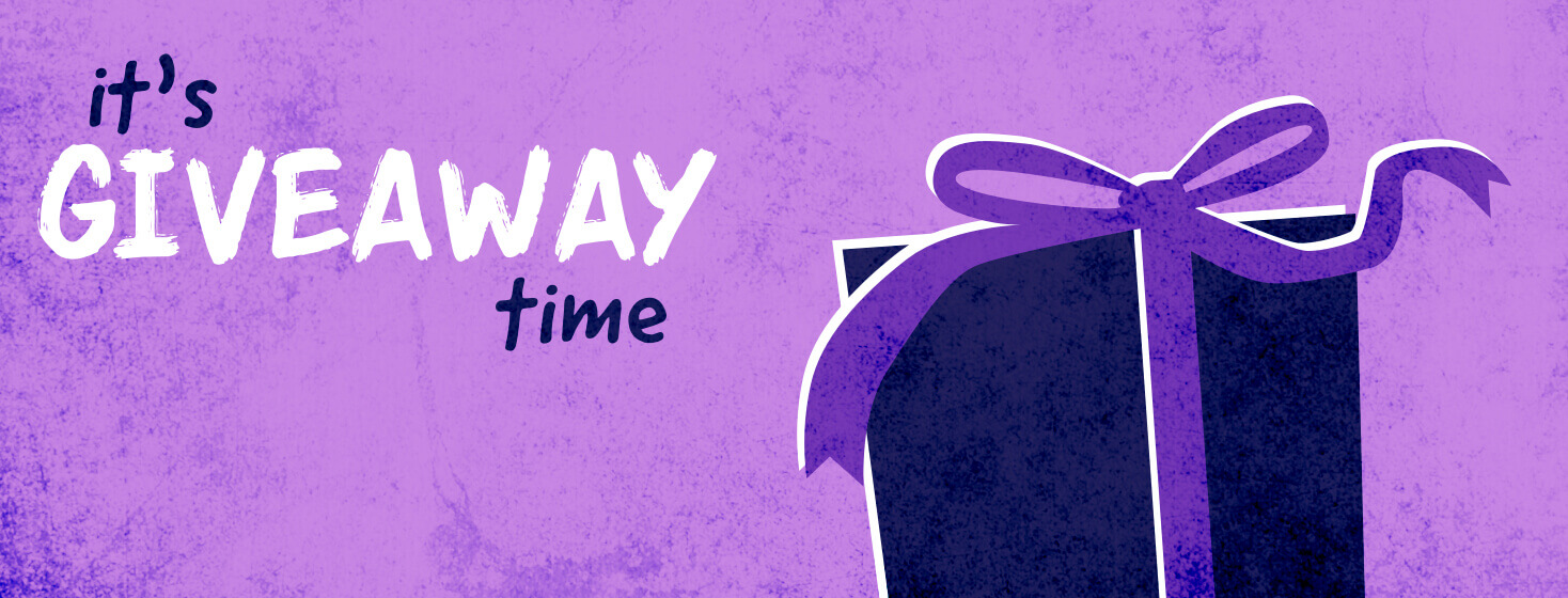 A blue box with a purple ribbon. The words say "It's giveaway time"