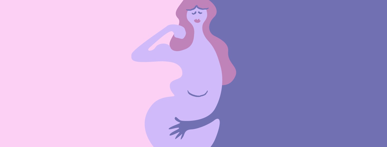 Pregnant woman holding stomach with arm up showing her strength