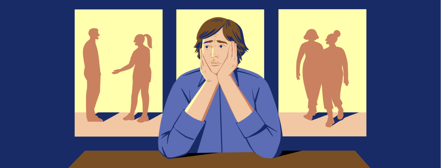A person sitting inside looks anxious and nervous as three window panels behind them show people having an argument and a close discussion.