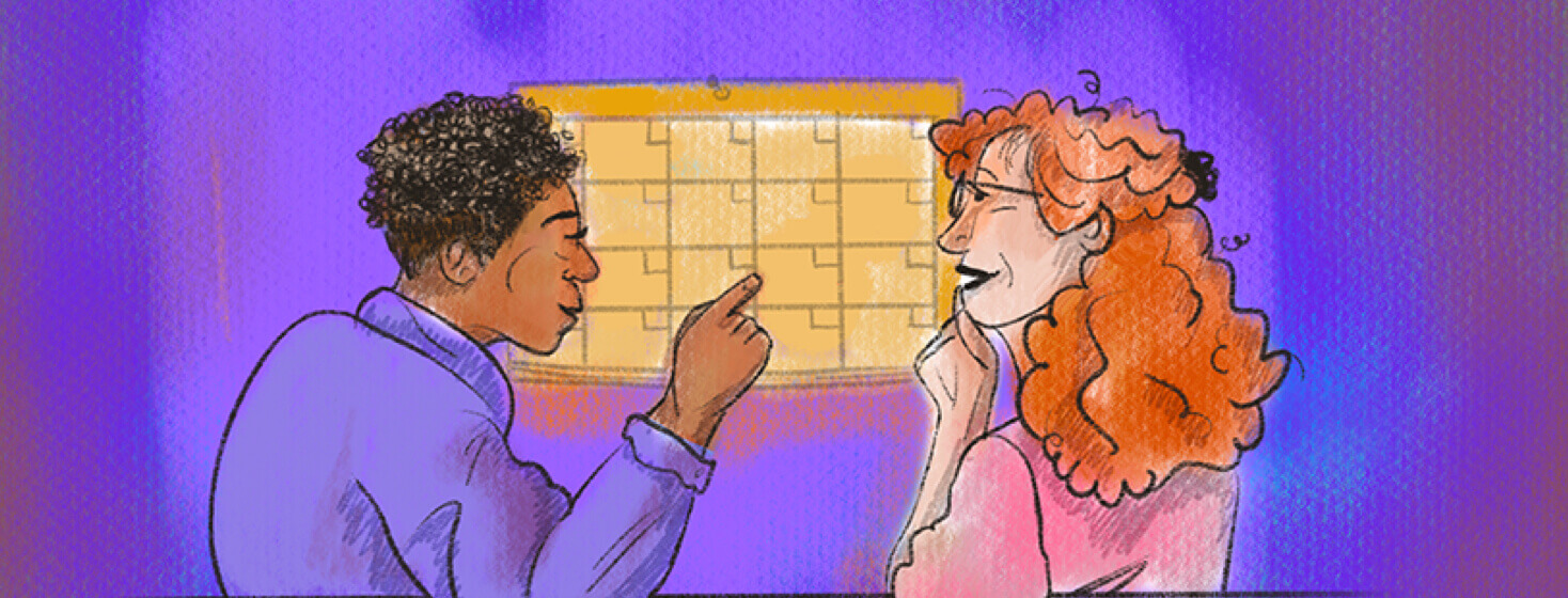 Two people are having a discussion in front of an empty calendar. They are surrounded by the color purple.
