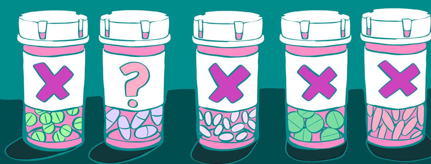 A lineup of prescription pill bottles all showing X's on the front, while one has a large question mark.