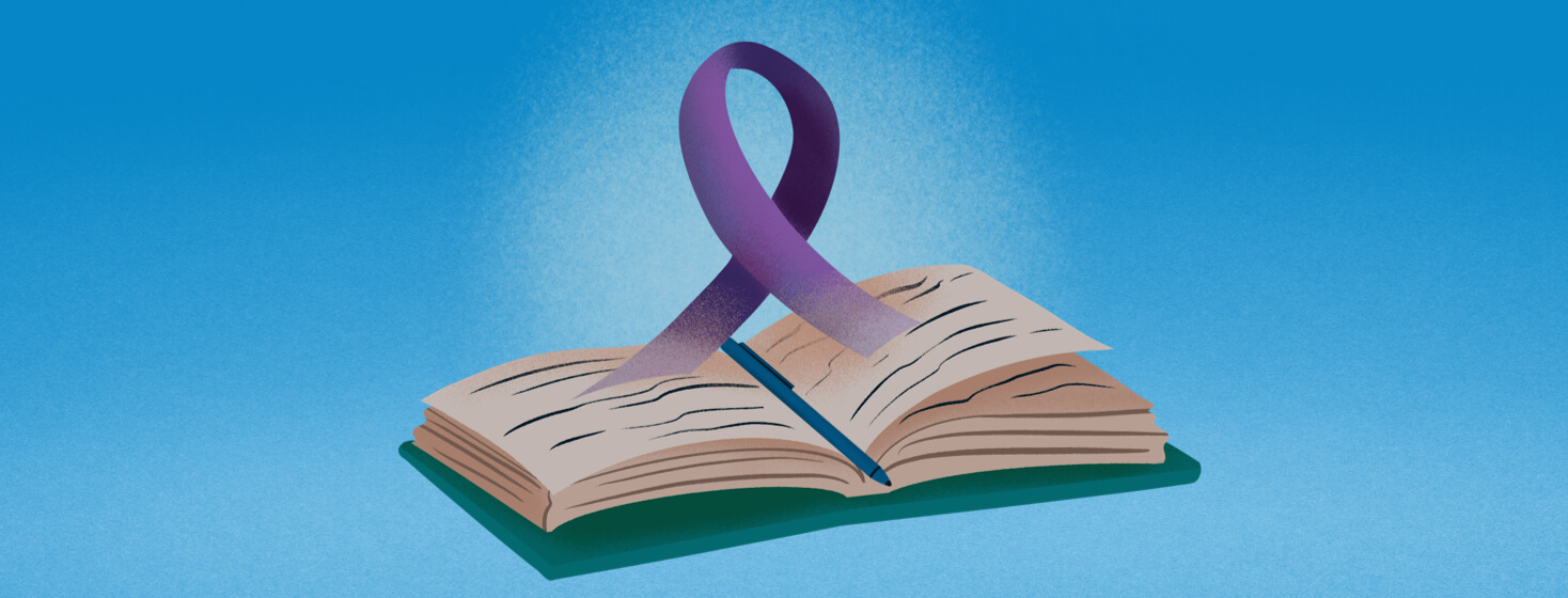 An open book with a purple awareness ribbon popping out.