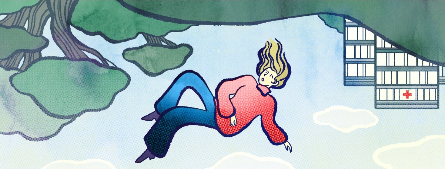 A woman falls into the sky as the park and hospital landscape around her is flipped upside down.