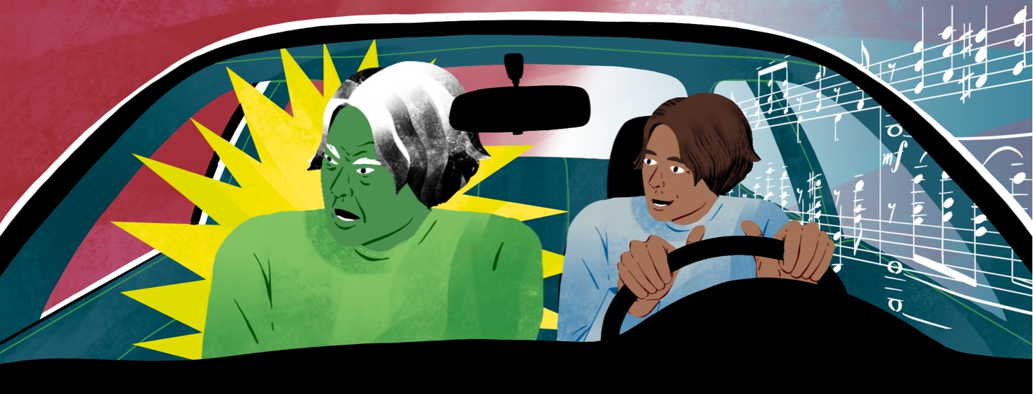 A person is sitting beside themself in a car. On the left they are a big angry green monster. On the right they are driving carefree and listening to music.