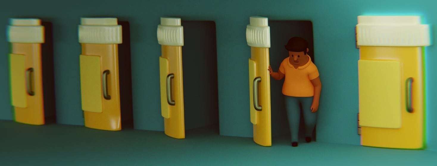 A man is dejectedly walking out of a door that is shaped like a medicine bottle. There are three other partially opened doors and one closed yet glowing door.