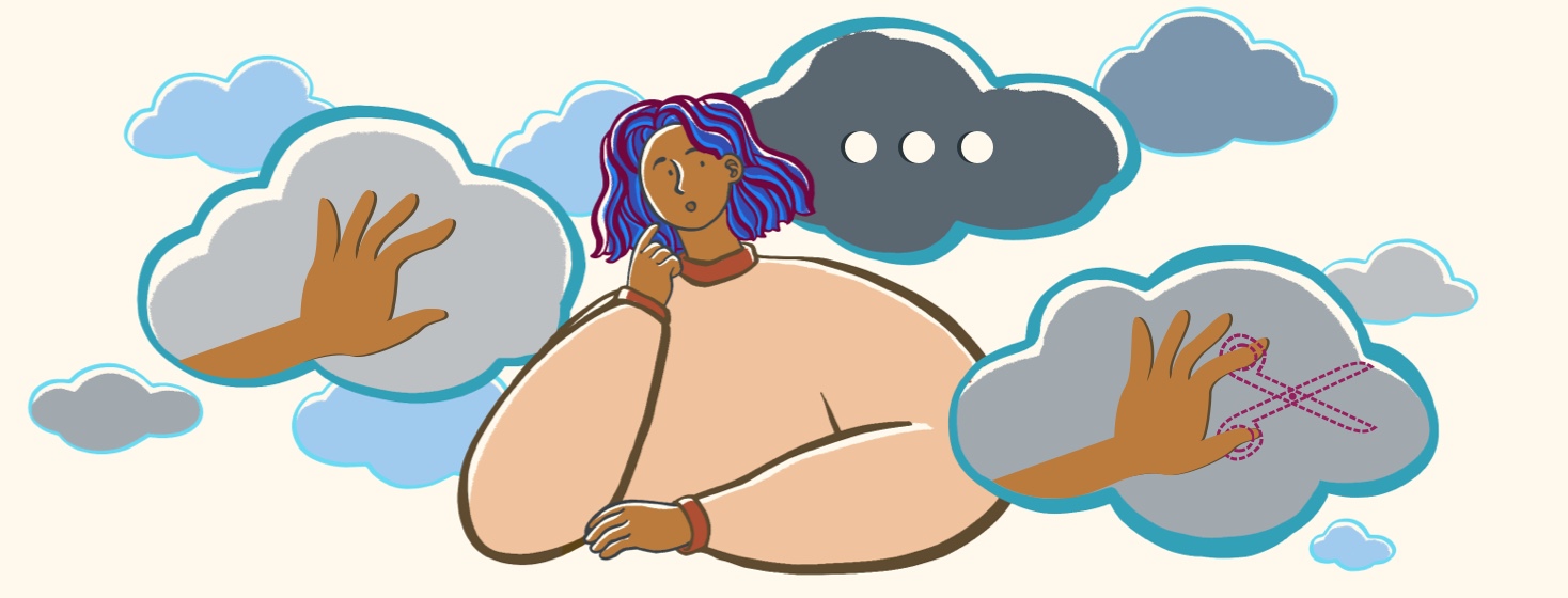 A woman is pondering her thoughts from one thought bubble to the next. There are three dots in the middle symbolizing that she is thinking and can't remember.