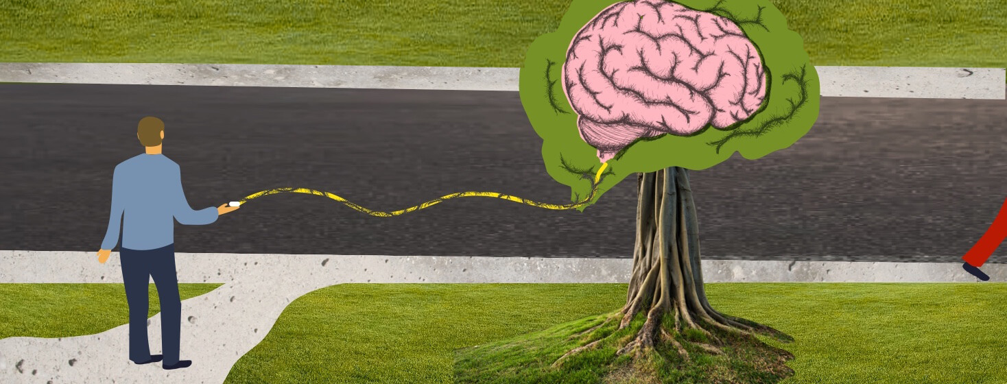 A man stands out on a sidewalk watching someone walk away. He has a small white box in his hand that is connected to a large tree with a brain.