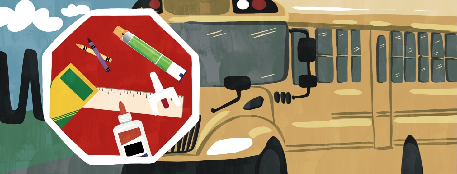 A stop sign in front of a school bus with school supplies shown. There are crayons, a ruler, a self injectable, and a narcan nasal spray.