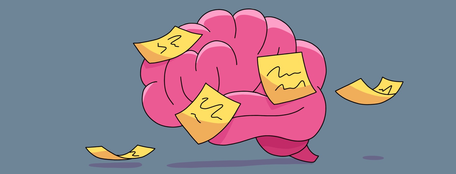 A pink brain with yellow sticky notes all over it.
