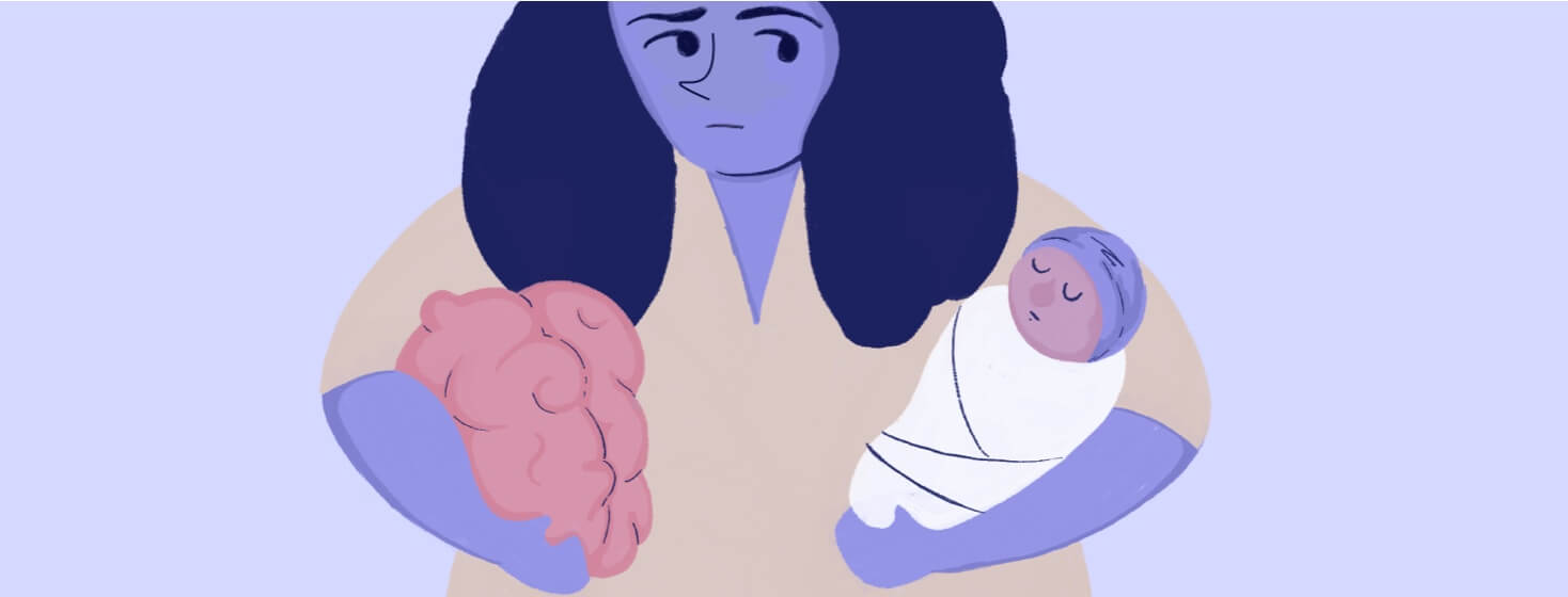 A mother holding a brain and a baby looks concerned at her child.