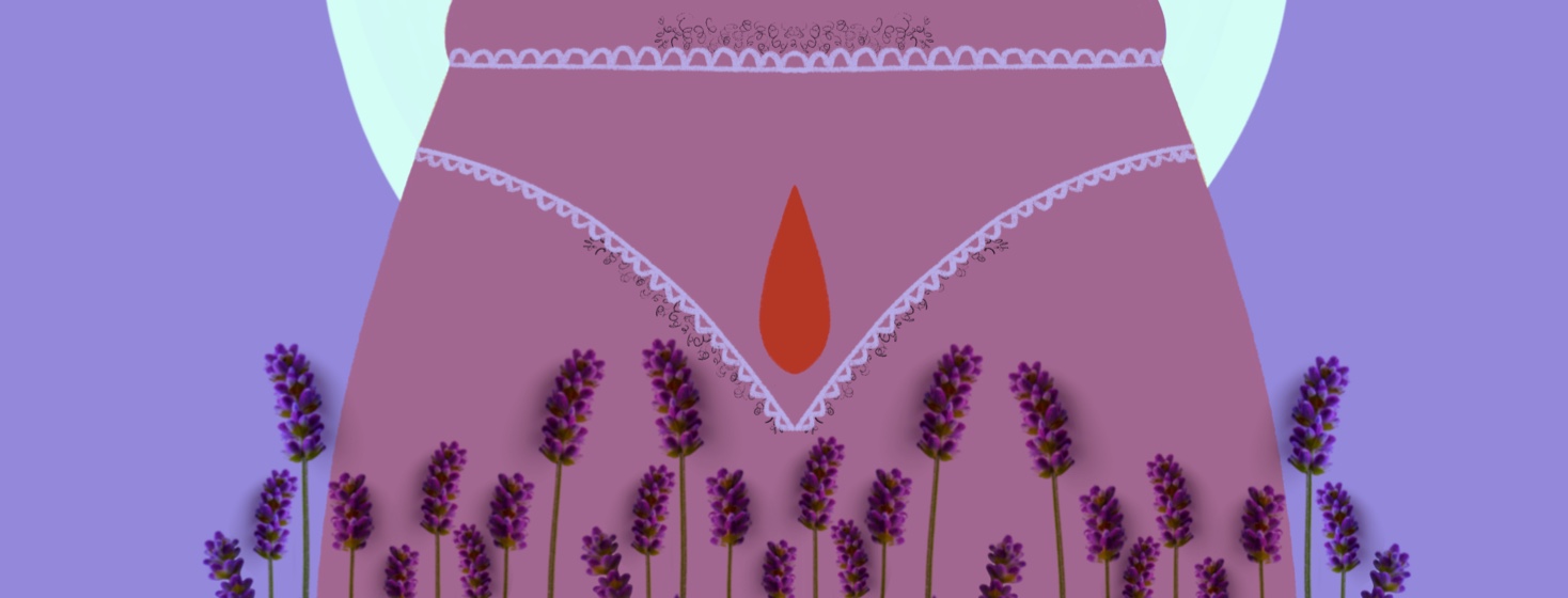 Lower half of a person in undergarments surrounded by lavender
