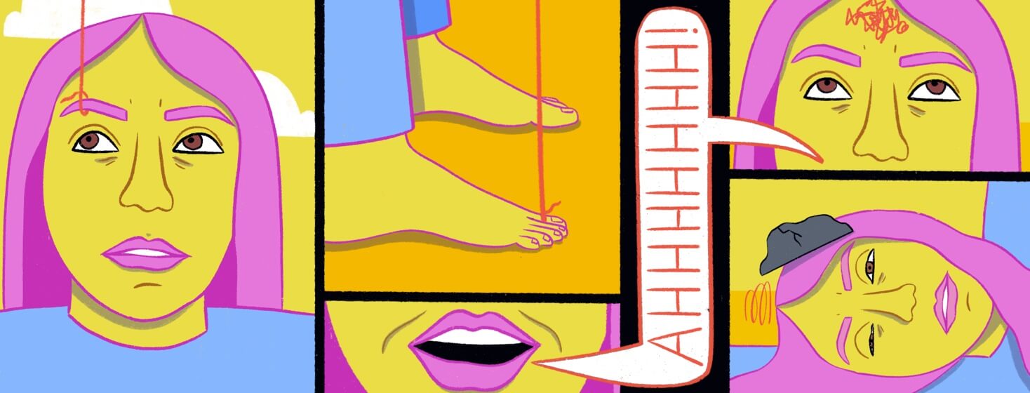 comic panels from right to left of a woman's eyebrow being tugged up, her toe being pulled, her screaming Ahhhh, and her laying on the floor with a rock on her head