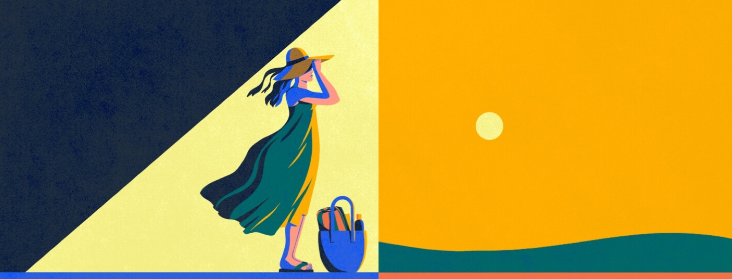 A woman putting on a sunhat, preparing to walk outside into the sun