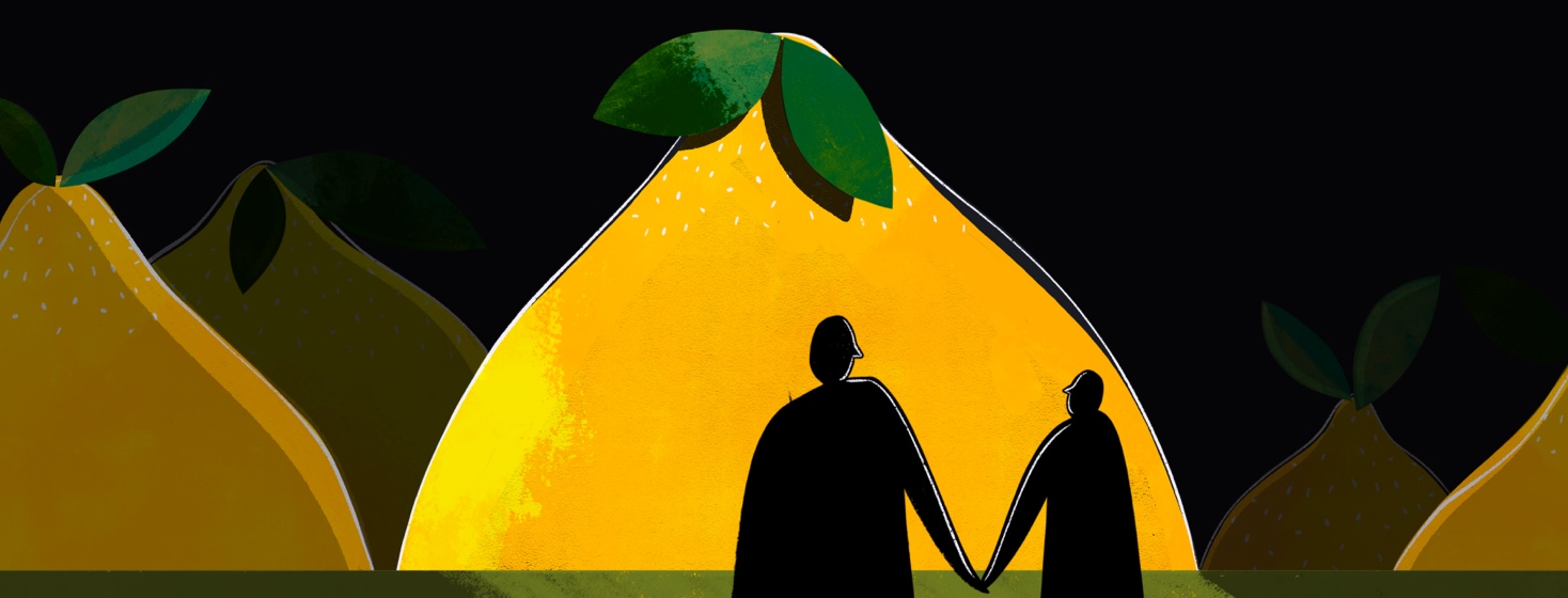 Silhouette of two people holding hands as they stand in front of a glowing lemon field