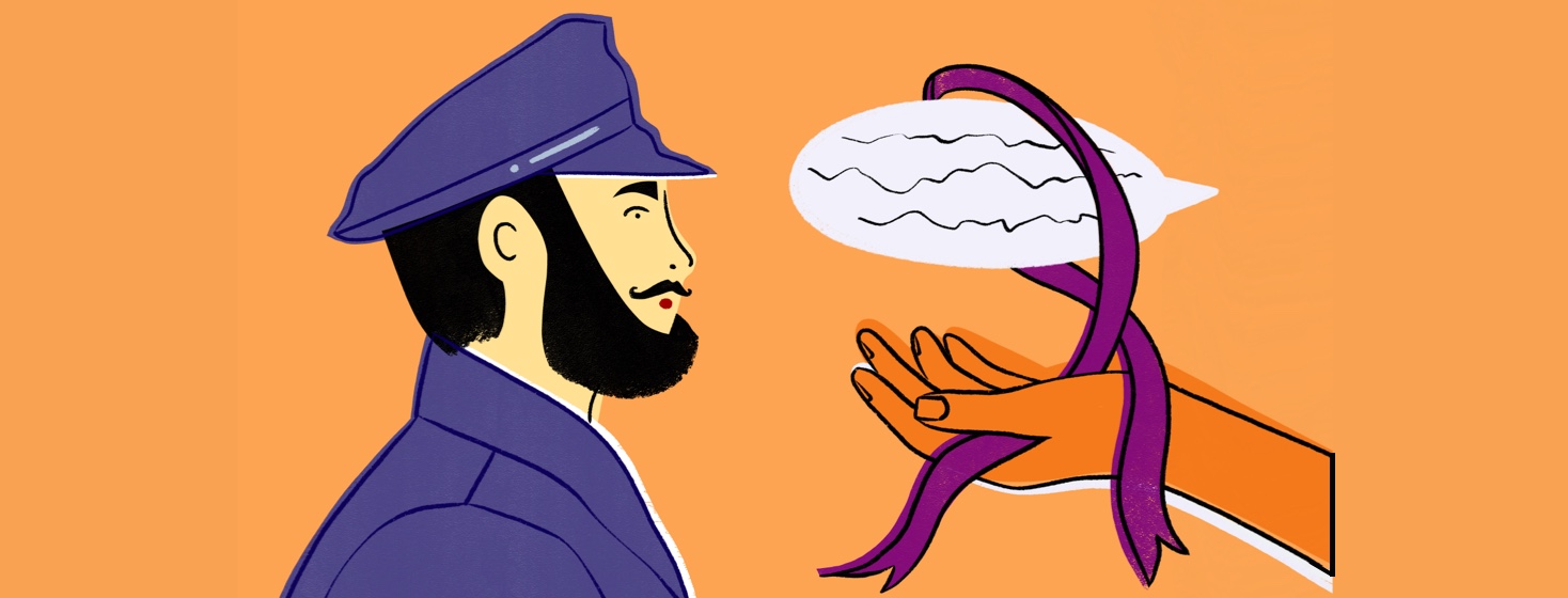 A hand offering a purple ribbon to a police officer