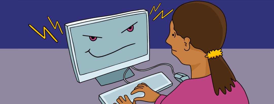 A woman sits at a computer looking overwhelmed as the computer looks back at them menacingly with lightening bolts around it