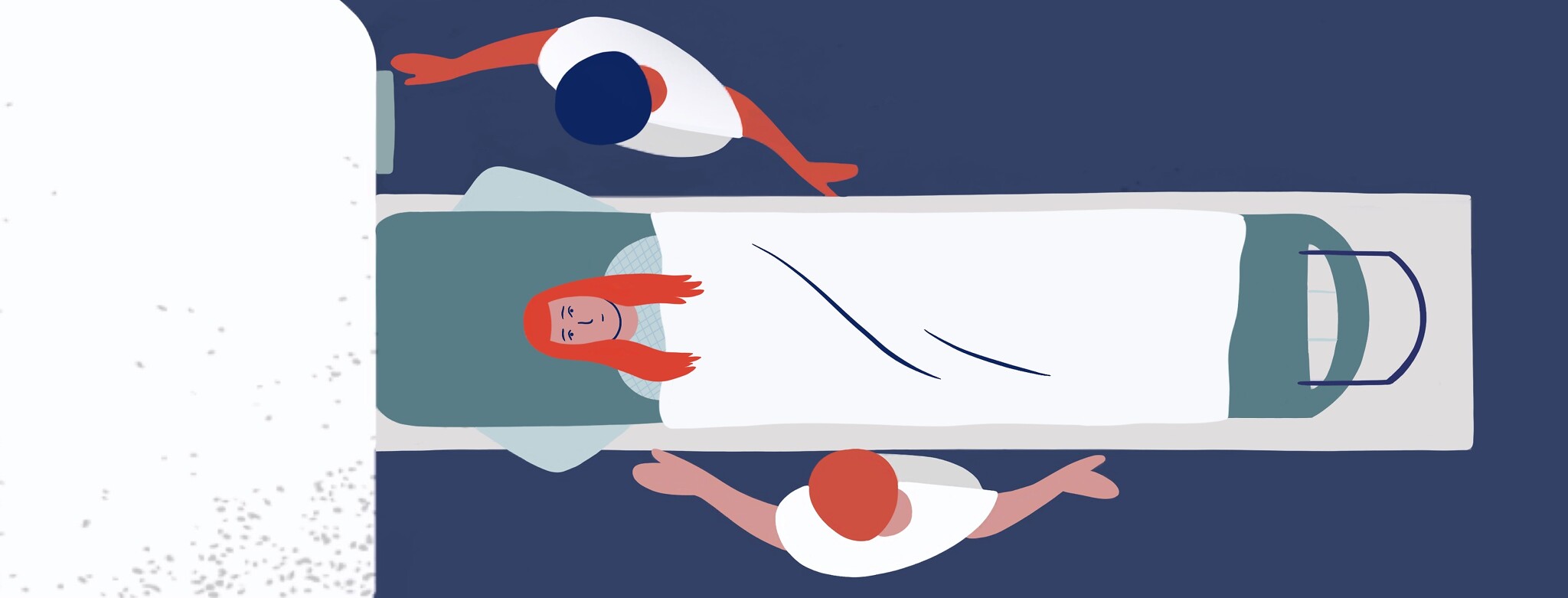 A person laying on an MRI bed being attended to by 2 people