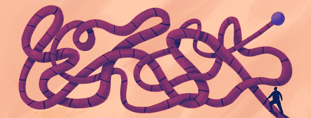 A path looks like a tangled bunch of noodles, in the bottom corner a silhouetted figure starts along said path.