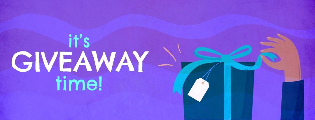 A hand tying or pulling on the ribbon on a gift box, and text announcing a giveaway!