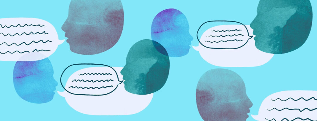 A bunch on floating head silhouettes talking to each other, conversation, support, stories, community, communication