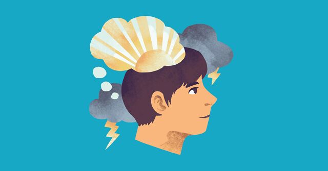 A man looks up with a thought bubble with a sunrise and dark clouds with lightning behind him.