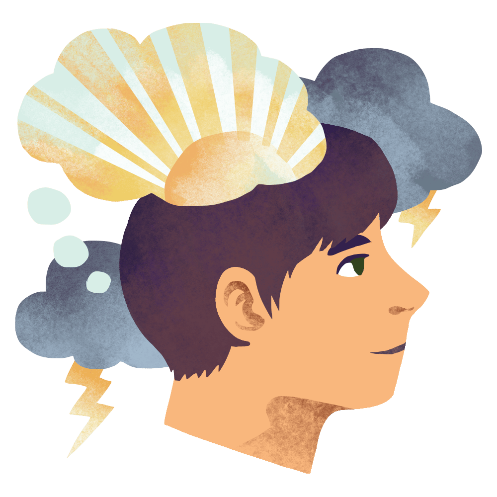 A man looks up with a thought bubble with a sunrise and dark clouds with lightning behind him.